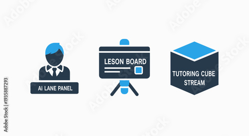 AI Education and Tutoring Platform Icons: Lane Panel, Lesson Board, and Tutoring Cube Stream Interface for E-Learning
