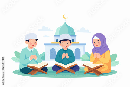 Muslim people greeting each other outside a mosque during an Islamic celebration.