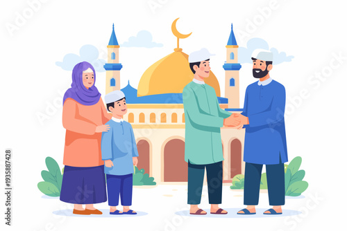 Two Muslim men greeting each other in front of a mosque.