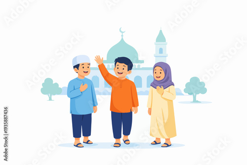 Muslim children greeting each other happily near a mosque.