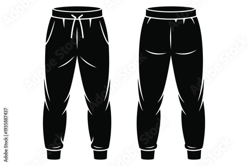 Front and back view of a pair of black sweatpants with drawstrings, pockets, and ribbed cuffs, ideal for casual wear