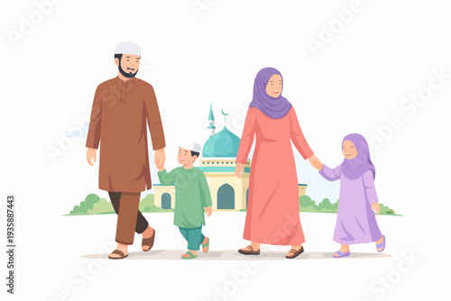 Muslim parents walking with their child near a mosque in a peaceful environment.