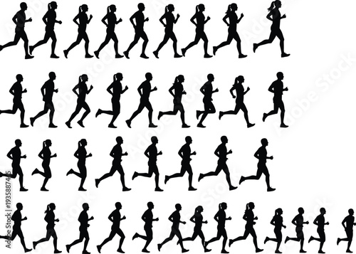 Running people silhouettes set, male female joggers motion sequence, fitness training concept, marathon runners collection isolated white background