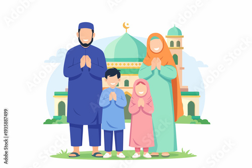 Muslim family praying together in front of a mosque showing devotion and faith.
