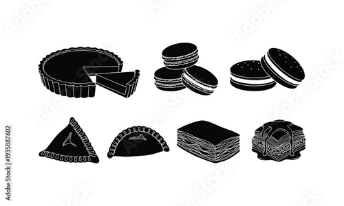 Black and white illustration of various pastries and sweet treats