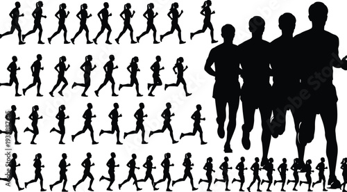 Running people silhouettes set, male female joggers motion sequence, fitness training marathon runners collection, isolated white background vector illustration design
