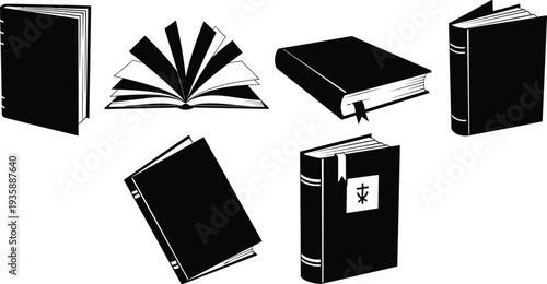 Stylized book silhouettes, open and closed, upright and tilted, minimalist black design, literature, education, reading, knowledge, study, learning, library, academic, publishing, creative icons