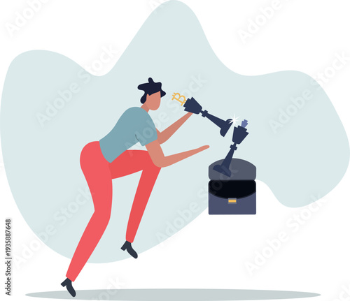 Winning Bitcoin trading strategy, make profit from crypto currency or decentralized finance defeat traditional banking concept.person's life situation and his activities.