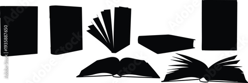 Book silhouettes in multiple orientations, open and closed, upright and flat, minimalist black design, literature, education, reading, knowledge,
