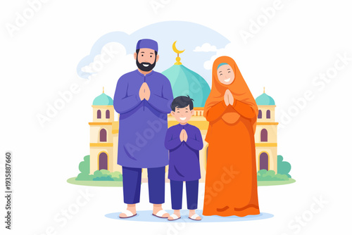 Muslim men shaking hands in front of a mosque symbolizing friendship and respect.