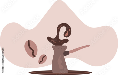 Hand Drawn Turkish Coffee Pot with Splash and Coffee Beans Vector Illustration.