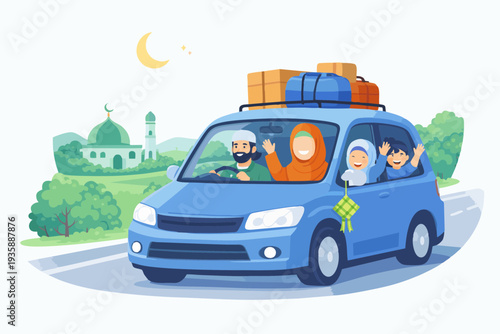 Muslim family traveling by car during Ramadan holiday.