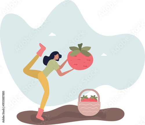 Woman in boots holding a tomato in the garden with harvest basket, vector illustration