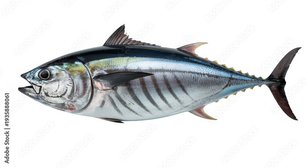 Fototapeta premium Yellowfin tuna fish with mouth open on white background