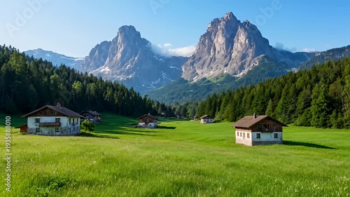 Alpine Village With Traditional Houses in a Green Meadow With Majestic Mountain Peaks in the Background