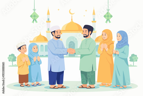 Muslim people greeting each other near a mosque during an Islamic celebration.