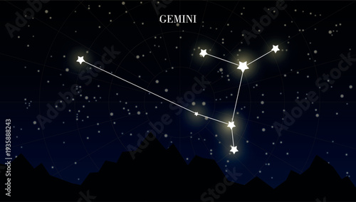 Gemini zodiac constellation on a dark night sky background with stars, astrology, astronomy vector design elements