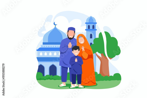 Happy Muslim family standing near a mosque representing Islamic family values.
