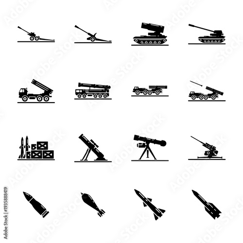 Collection of icons depicting various artillery, missile, and weapon systems for military and defense themes