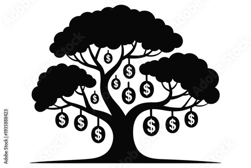 Money tree with dollar signs hanging like fruits symbolizing financial growth investment wealth and prosperity business concept