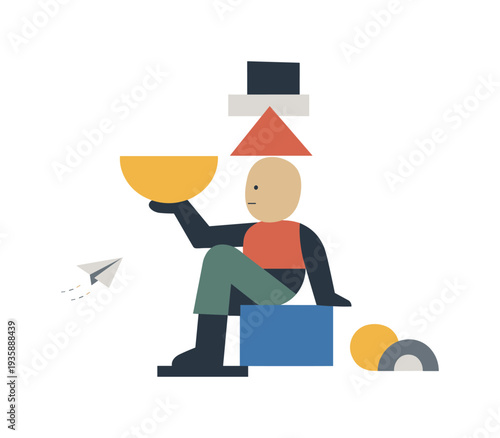 Single abstract geometric figure balances layered and aligned shapes while surrounding elements remain open, illustrating