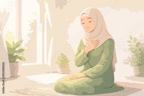 Peaceful illustration of a Muslim woman praying with hands on chest in a calm spiritual moment.
