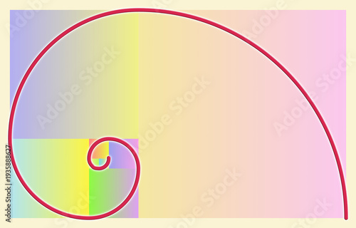 Fibonacci spiral illustration featuring a series of adjacent squares in a gradient of blue shades. Each square's side length is a Fibonacci number, creating a spiral