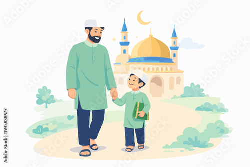 Muslim father and son walking together to the mosque for prayer.