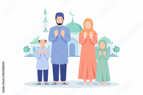 Muslim family praying together in front of a mosque, showing devotion and unity.