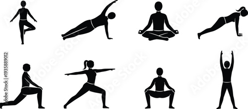 Black yoga poses silhouettes set with men and women exercising in lotus, plank, and warrior positions for cad drawing flat vector illustration designs.
