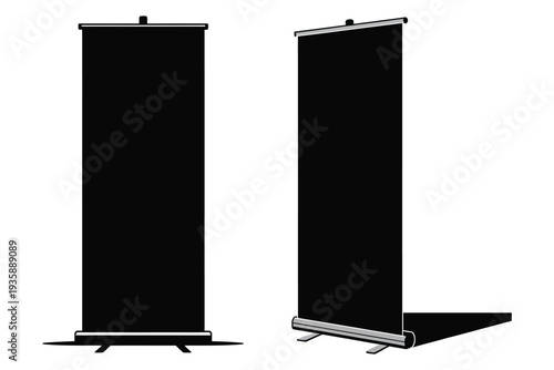 two blank black roll up banner stands displays for advertising and promotion events trade shows presentations indoors or outdoors with tripod base