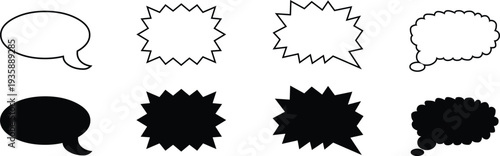 Speech bubble icon set in outline and solid black styles. Comic dialog shapes perfect for chat, messaging, and cartoon designs. Ideal for apps, stickers, posters, and graphic projects.