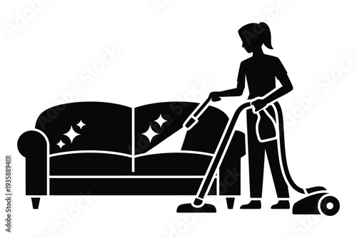 woman vacuuming sofa with sparkles representing cleaning service home tidiness and domestic hygiene household chores and comfort