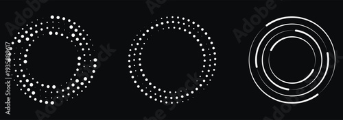 Circle dotted speed lines. Abstract round halftone circle frames, rotating dotted circle shapes. Speed lines circle frames. Round swirl and curves movement spiral symbols. Modern dots halftone icons.