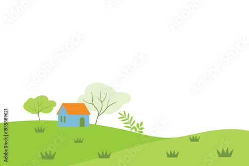 Cartoon house on green hill with trees and grass  serene landscape illustration