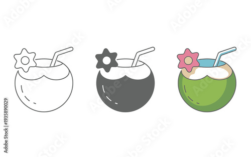 Coconut drinks with straws and flowers on top  tropical vacation beverages