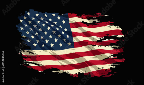 Vector design with decorative drawing of 
torn national flag of usa is fluttering in wind. 
Fashion t-shirt print. American pattern of stars 
and stripes for textiles, fabric, clothing.