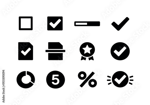 Collection of black icons representing tasks, progress, and achievements on a white background