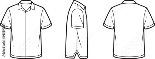 Outline of a short-sleeved collared shirt shown from the front, side, and back.