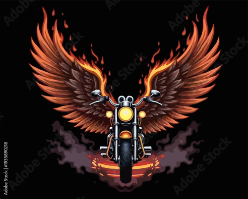Vector t-shirt design with biker motorcycle with fire wings on black background.
Fashionable print for fabric, paper, men clothing,
hoodie, biker jacket. T shirt template.