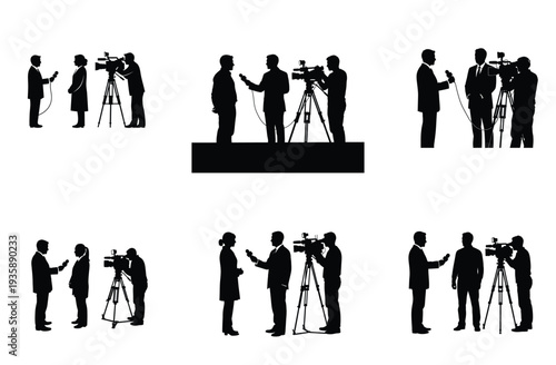 Reporters and Cameramen Silhouette Vector Illustration Set