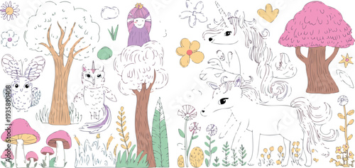 Fantasy forest and enchanted nature elements for whimsical designs and imaginative illustrations