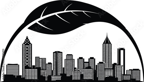 Eco city skyline with leaf arch symbol, sustainable urban architecture silhouette concept representing green city environment and nature