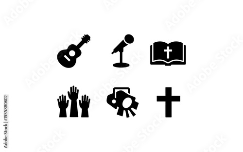 Christian worship icons: guitar, microphone, bible, hands, spotlight, and cross