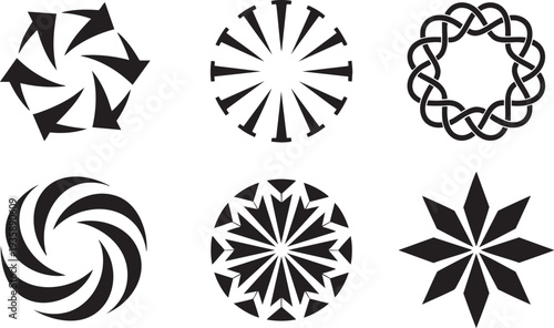 Collection of abstract geometric circular shapes in black and white design.