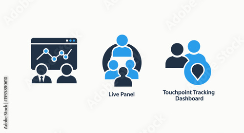 Business analytics icons showing dashboard charts, live panel, and touchpoint tracking for market analysis and customer engagement strategies