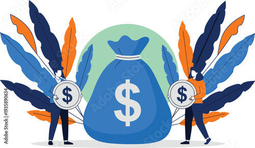 Illustration of People Holding Coins with a Money Bag and Feathers – Finance, Wealth, and Investment Vector Art