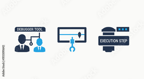 Software debugging tools and execution step icons: debugger, progress bar, and mechanical process