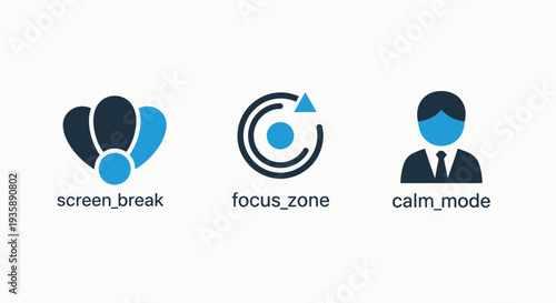 Wellness icons: screen break, focus zone, and calm mode, promoting digital wellbeing and mental health for a balanced lifestyle.