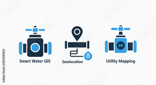 Water utility icons: smart GIS valve, geolocation, and mapping, illustrating water management, distribution, and infrastructure systems.